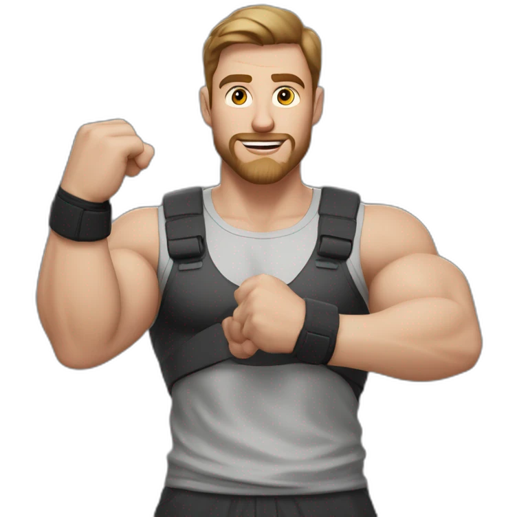 Close up Actively gesturing  with hands Pale skinned Fit Man With the biceps and brown hair in dark gray Sleeveless Mike, black oversize sports shorts, watch and white Sneakers emoji