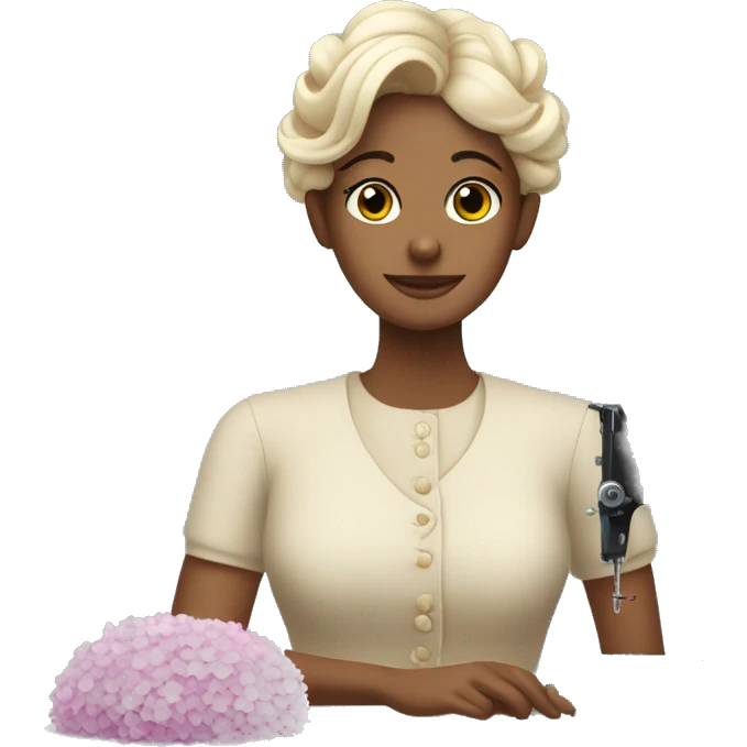 a lady with her hair up sitting at a sewing machine surrounded by hydrangea flowers emoji