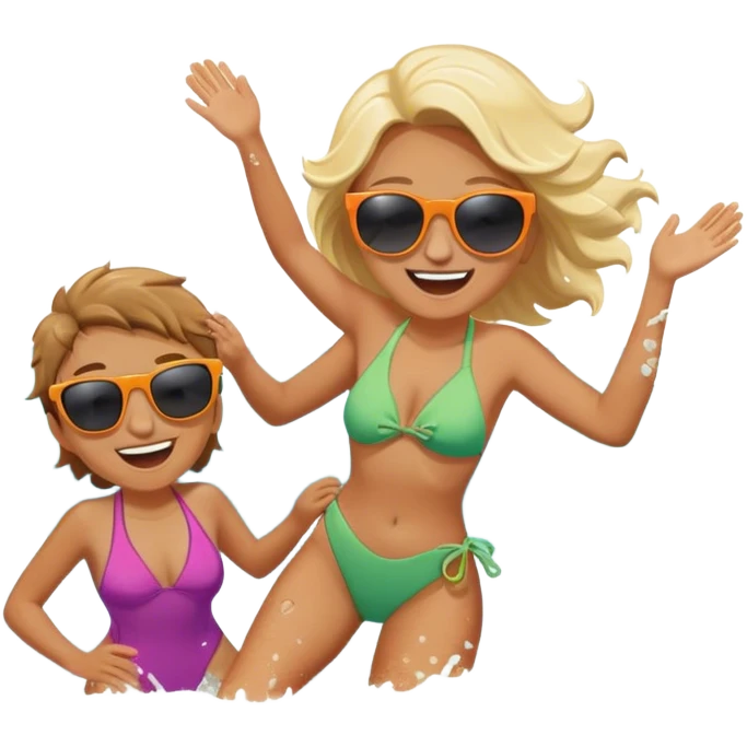 A person splashing water at their friend in the ocean, both laughing as the waves roll around them. The sun shines warmly above, capturing the joy of creating fun, embracing connection, and appreciating the moment with someone who makes life feel lighter.  emoji