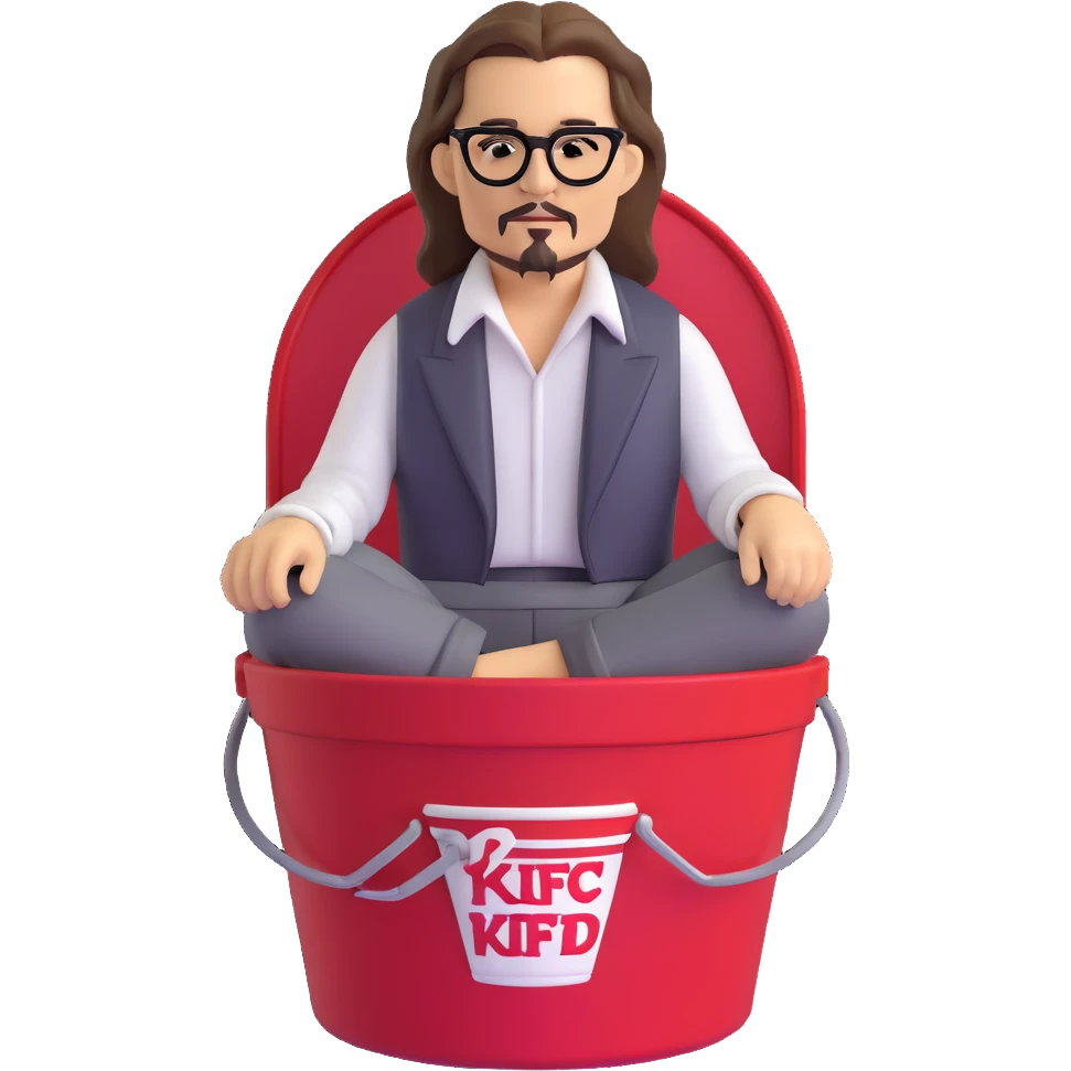 Johnny Depp sitting in a KFC bucket, long hair, facial hair emoji