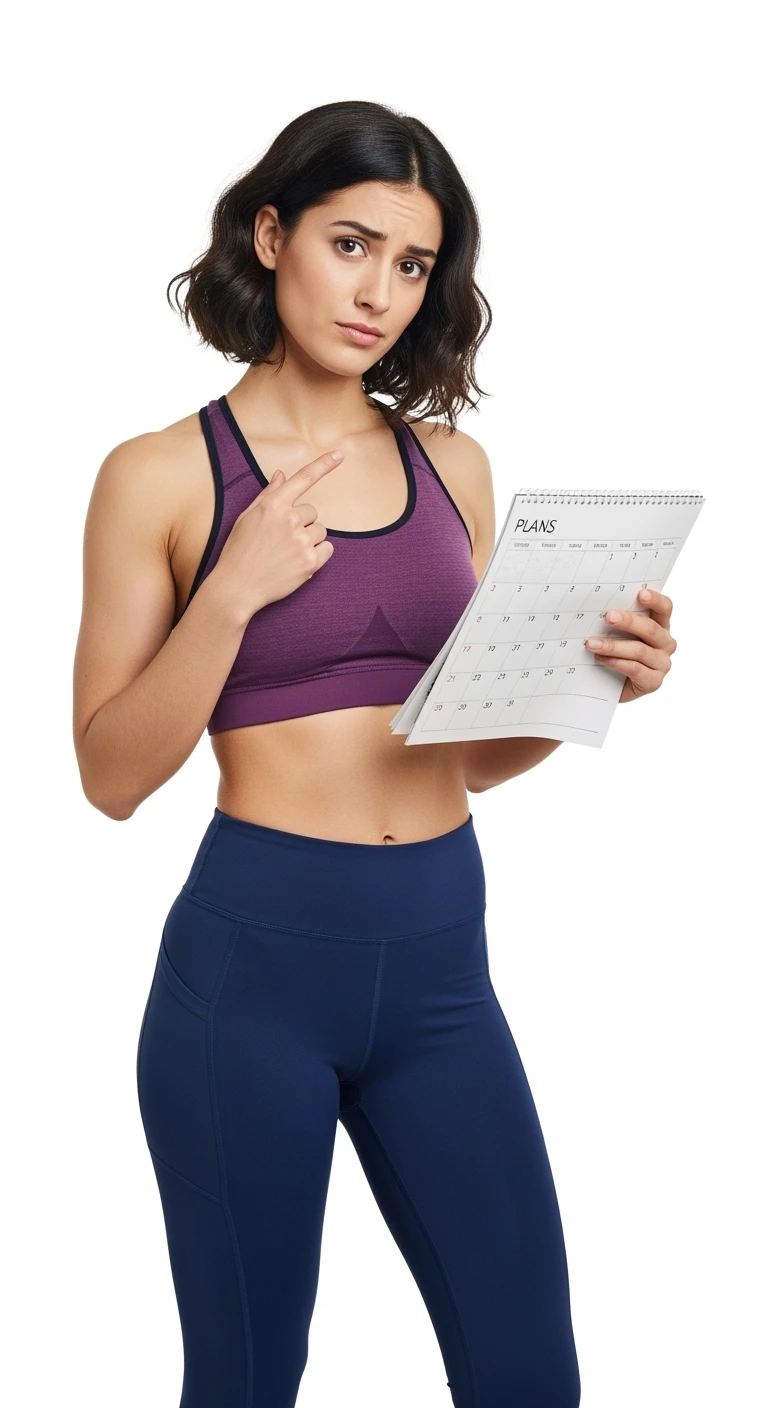 DONNA FITNESS ITALIANA INDECISA CON UN CALENDARIO IN MANO, REALISTICA 4K, ISOLATA SU SFONDO BIANCO emoji
