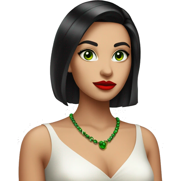 A beautiful, lively, elegant young woman with straight black hair, a beautiful forehead and striking green eyes and strong red lipstick. She is wearing a bright red dress. Her gaze is fixed and enigmatic, she does not smile emoji