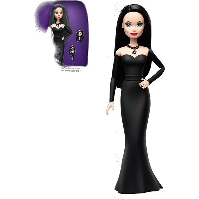  Elegant witch Wednesday Addams Barbie.  Small very light skin face. Earrings with matching necklaces. Long silky raven hair. black flowing strapless tight evening gown neckline that’s off-the-shoulders shows her legs and black high heel shoes.rc car emoji