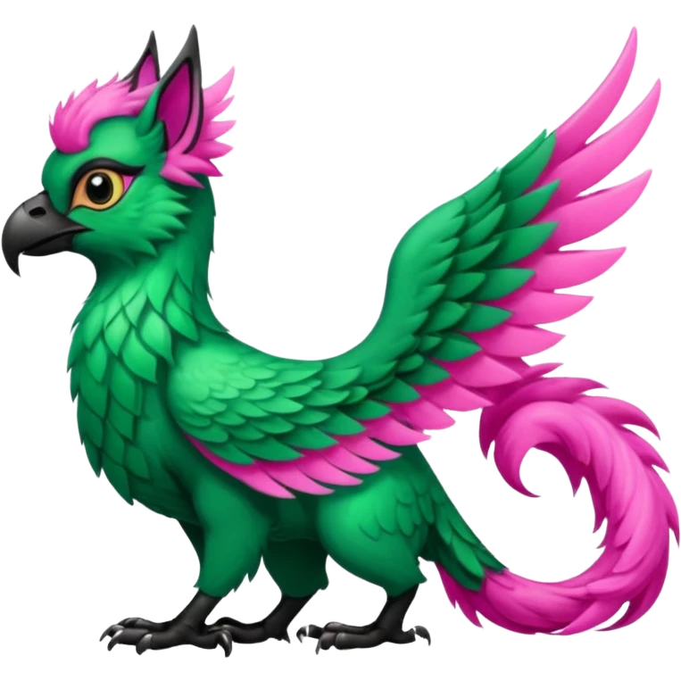 Emerald-green gryphon with a long tufted tail, black beak, pink swirly pattern markings, black claws, black tail, majestic, realistic, furry (full body) emoji