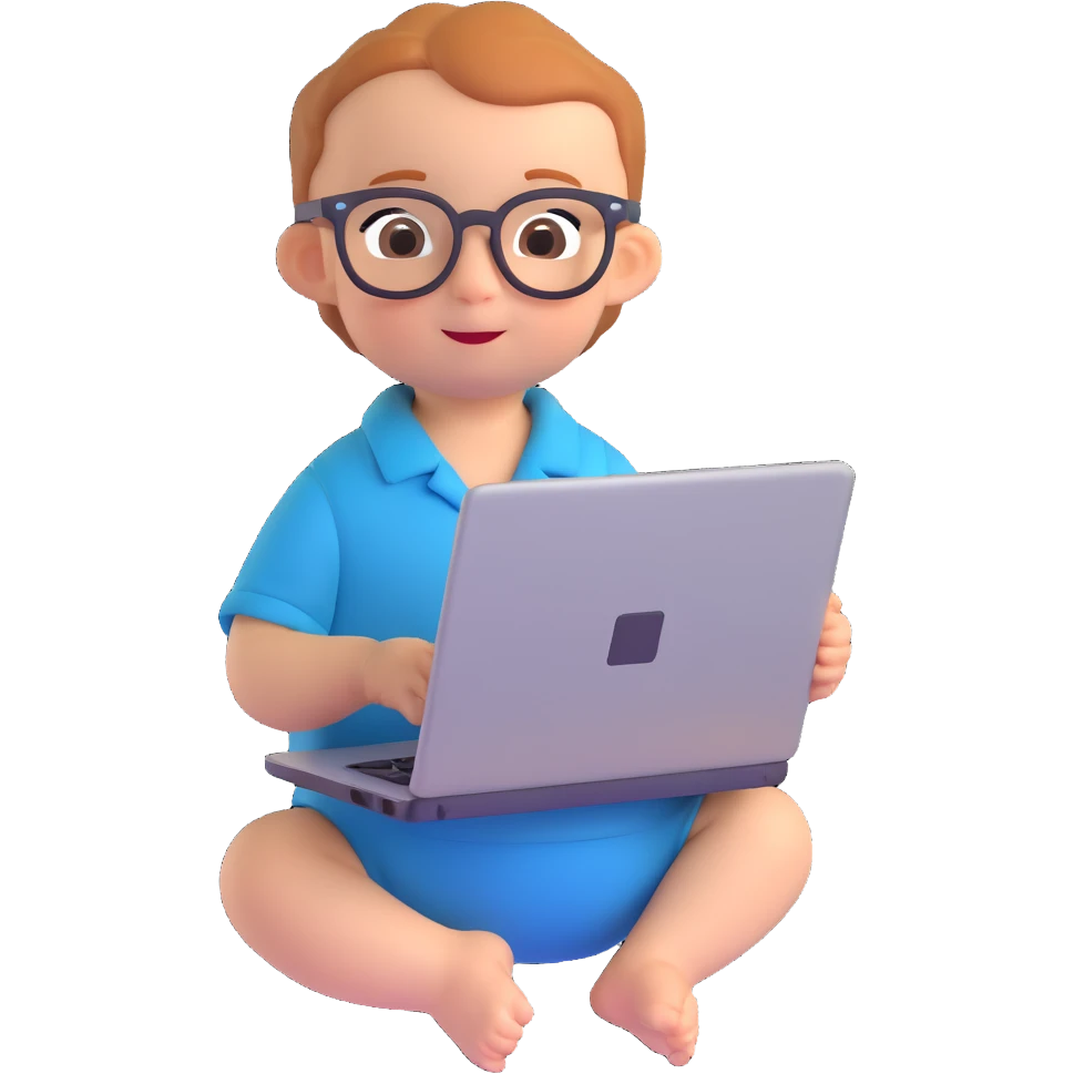 a baby dressed as a computer programmer, with glasses and a laptop, playful and cute emoji