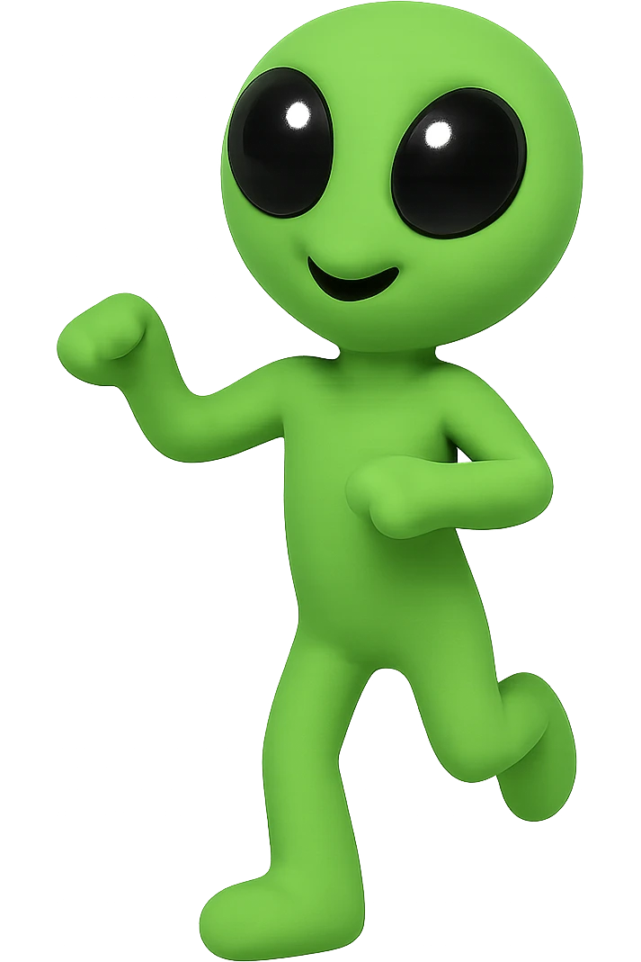 Create a neon green alien dancing, almost identical to the reference image, with minimal changes in the positions of arms and legs, looking straight ahead. This is frame 7 of an animation. PNG format with transparent background. emoji