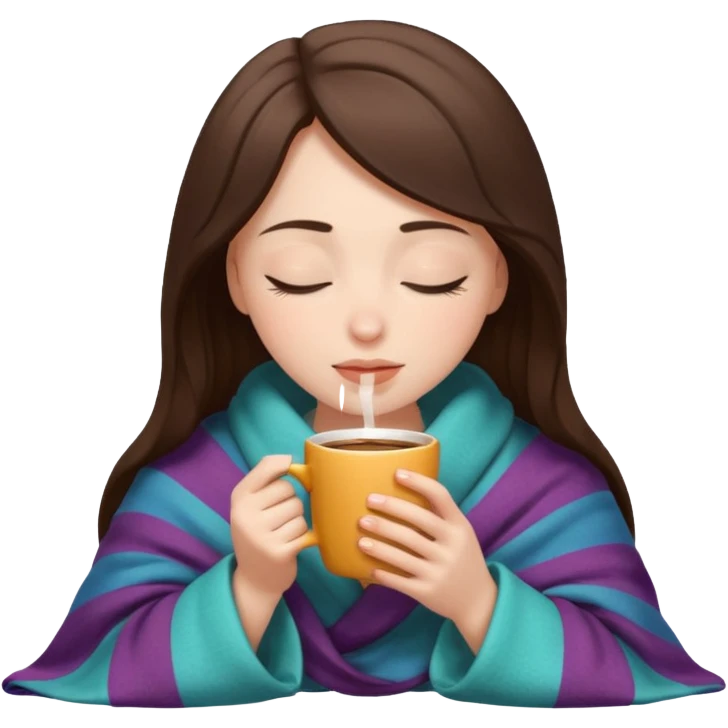 pale brunette girl inside a blanket sipping coffee eyes closed emoji