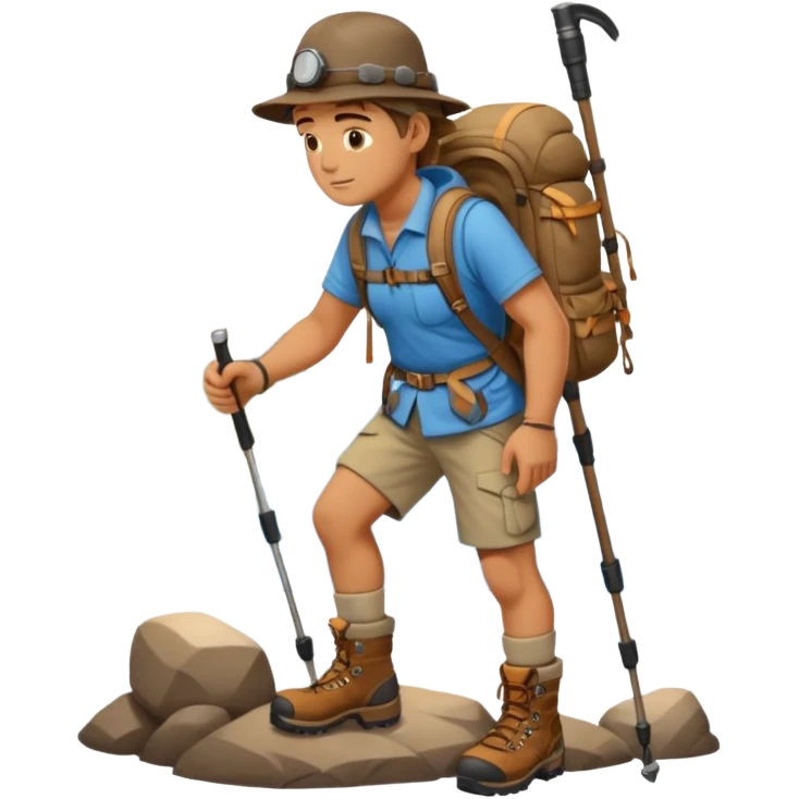 A rugged hiker adjusting hiking poles while preparing for a trek.


 emoji