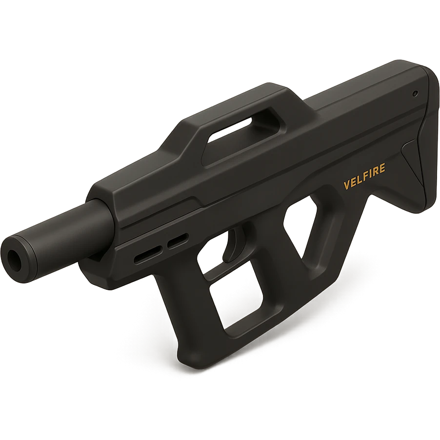angled 3D render of the ARX-22 VELFIRE bullpup rifle, emphasizing compact angular silhouette, matte black finish, cylindrical suppressor-style barrel, three cooling vents near the front grip, no exposed screws or rails, clean futuristic design, neutral lighting, soft shadow, plain gray background emoji