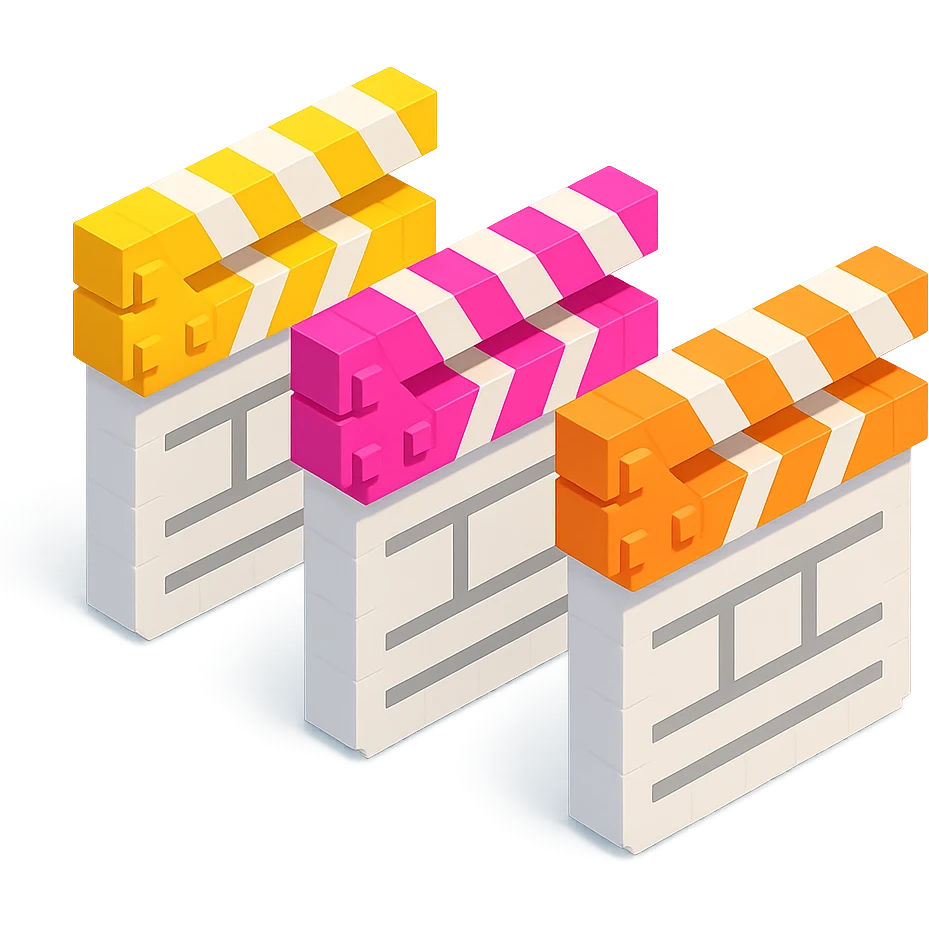 isometric view group of movie clapperboards in voxel style, white bodies with each lid a different bright color emoji