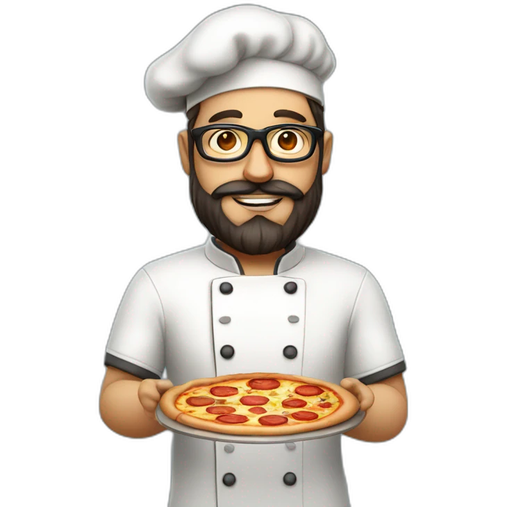 Dark haired chef with beard and big dark glasses holding a slice of pizza emoji