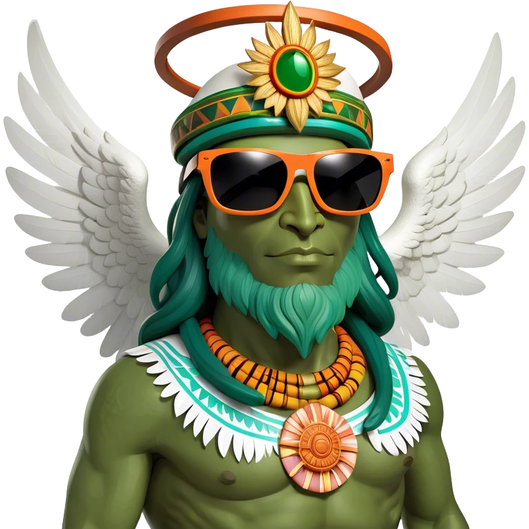 Aztec deity with a biblically accurate angel seraphim chilling at a beach  emoji