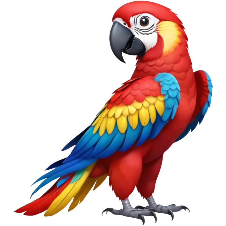 cinematic-macaw-realistic-full-body-standing-emoji,-vibrant-feathers-glowing-with-rich-reds,-blues,-and-yellows,-head-tilted-dramatically,-curved white-beak-gleaming,-piercing-dark-eyes-exuding-confidence,-simplified-yet-realistic-focused emoji
