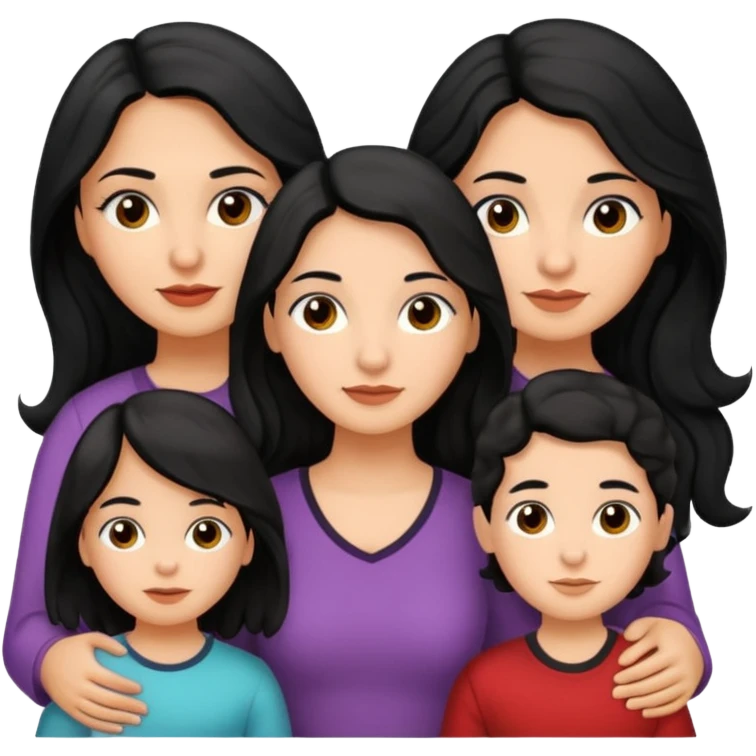 Family , 1 girl shaved head and 1 Beautiful mom ,black black hair,wavy hair，long hair,brown eyes,hispanic with 2 daughters and 1 boy  emoji