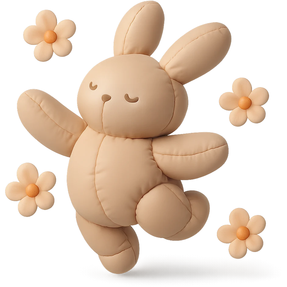 pale brown bunny spinning with flower petals around, cushion style emoji