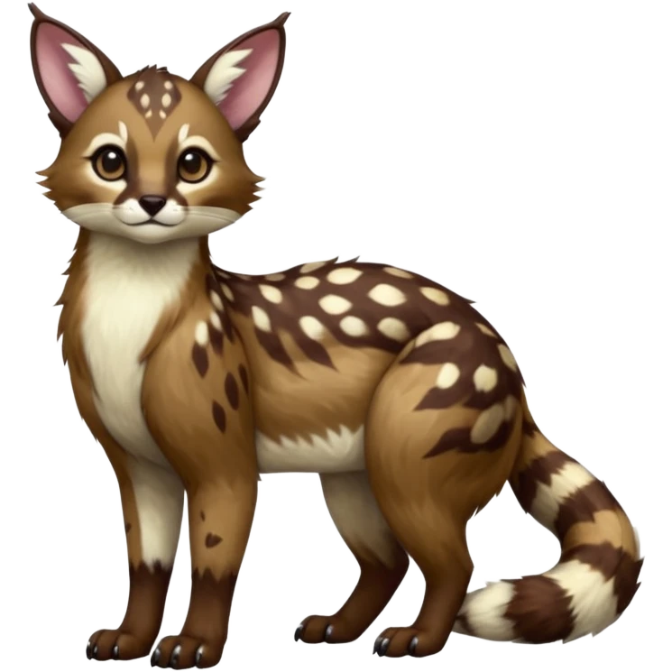 Colorful dark realistic chocolate-brown tropical beige fur glorious divine exotic cute cool beautiful shiny beautiful fantasy-Furret-Eevee-caracal-civet-genet-sergal-vernid-Cacomistle-oncilla-animal-Fakémon-hybrid-fursona with white deer-spots pattern markings (full body) emoji