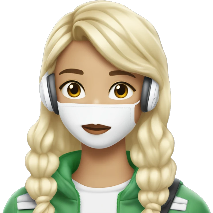 Fille cheveux wayv blond gros au yeux vert claire avec casque AirPod max blanc teint alé et une veste blanche  emoji