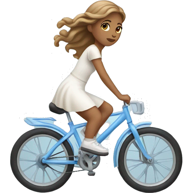 Girl riding very light blue bike, she is wearing white dress, she has long light brown hair and light skin emoji