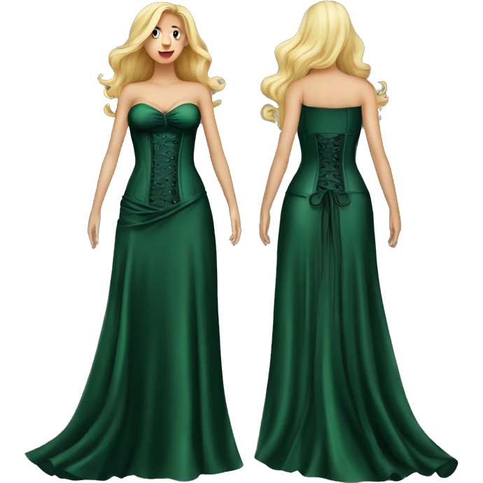 Realistic dark green silk maxi dress isolated with a tight corset. No person, just a dress emoji