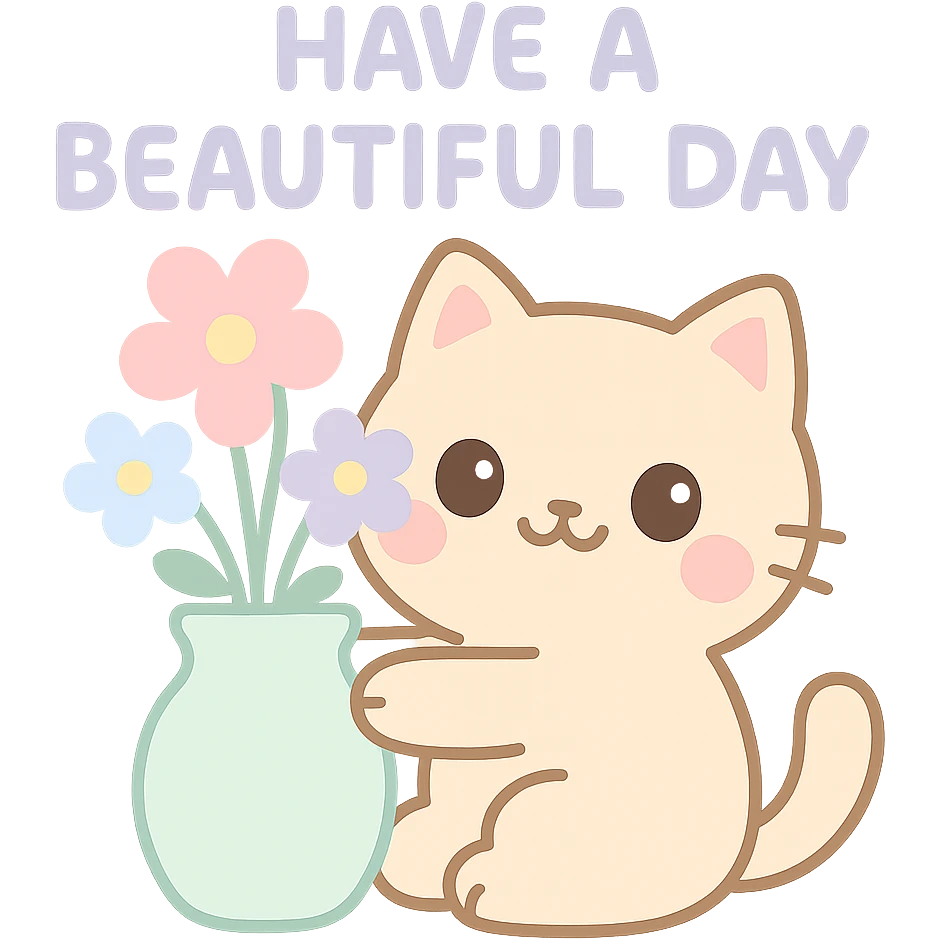 A happy cat hugging a vase with blooming flowers, with the text "Have a Beautiful Day". The overall mood should be joyful and bright. emoji