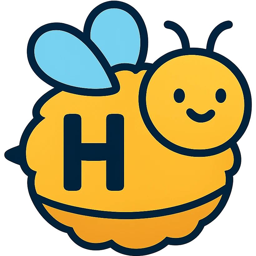 cartoonish bumblebee with the letter H, fluffy and round, colorful lineal icon with black outlines emoji