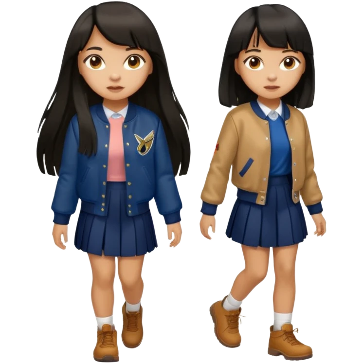 black color long hair with fringe, light skin long hair girl with brown varsity jacket,  navy long long skirt walking

 emoji