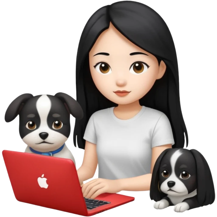 Blue back ground, Asian girl with long black hair , wearing a white t-shirt, working on an Apple laptop, next to her is a small black and white dog emoji