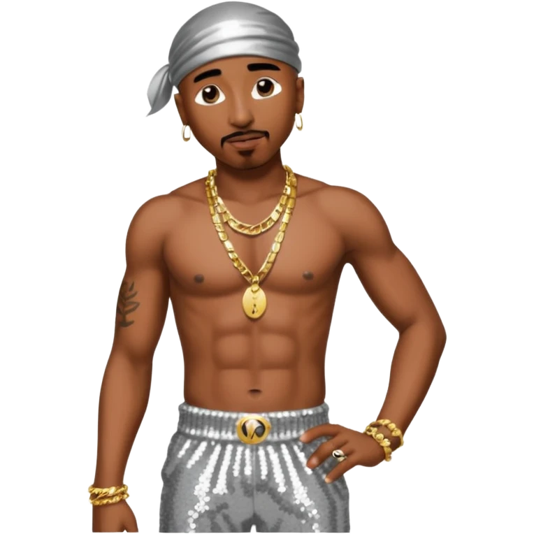 Tupac with silver sequin harem pants, shirtless with necklace emoji