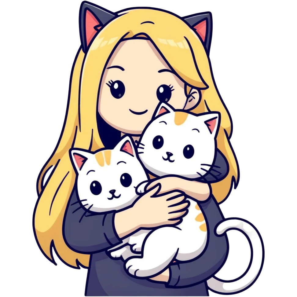 pretty woman with pale skin, very long blonde hair hugging a cat emoji