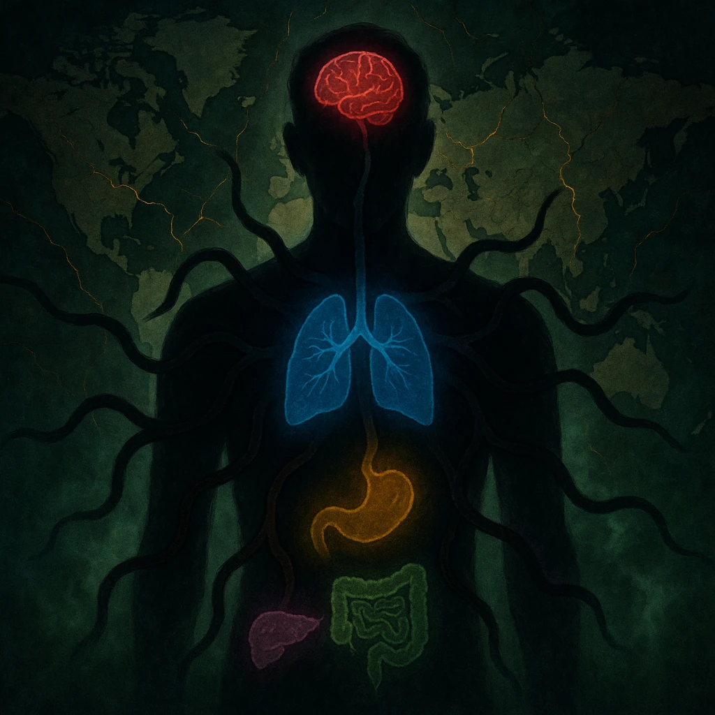 semi-realistic, moody style central human silhouette, dark worm-like forms radiate to organs, each organ surrounded by colored aura for a disease (red: migraine, blue: asthma, yellow: arthritis, green: colitis, purple: cirrhosis), world map, glowing cracks, green mist emoji