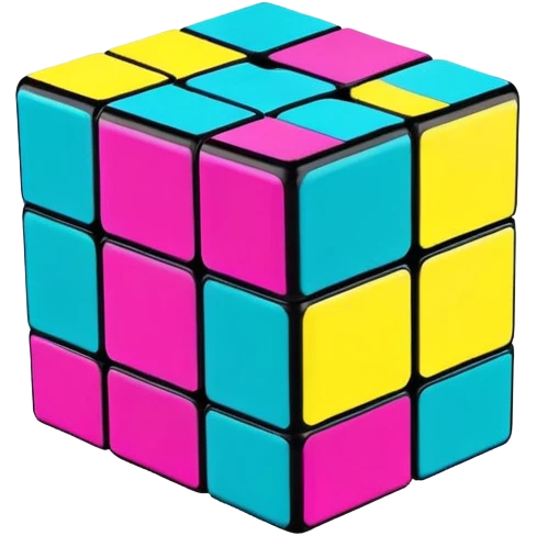 A 3x3 Rubik's Cube with radical 90s American color scheme, slightly twisted position, fluorescent colors, teal, hot pink, neon yellow, and purple emoji