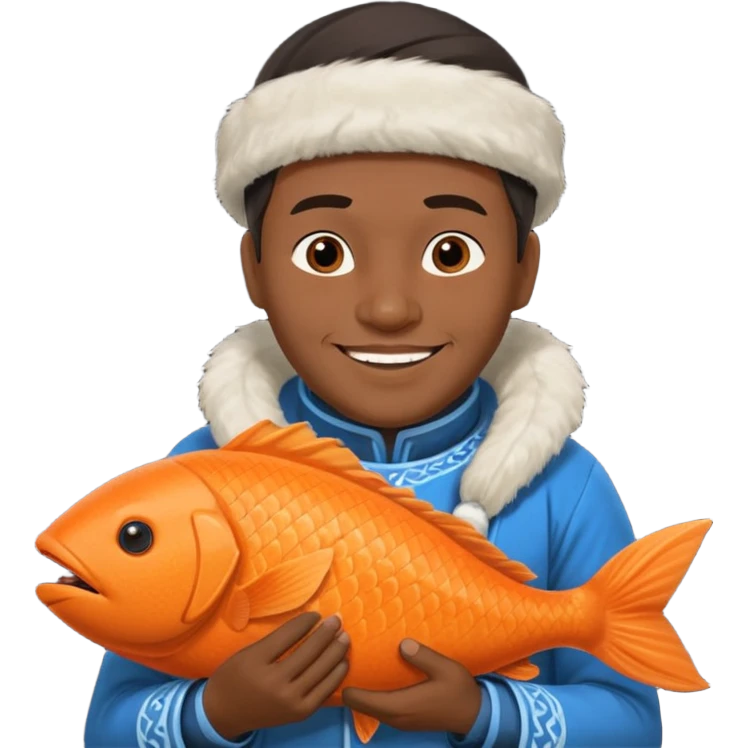 inuit man with traditional inuit clothes and orange fish emoji