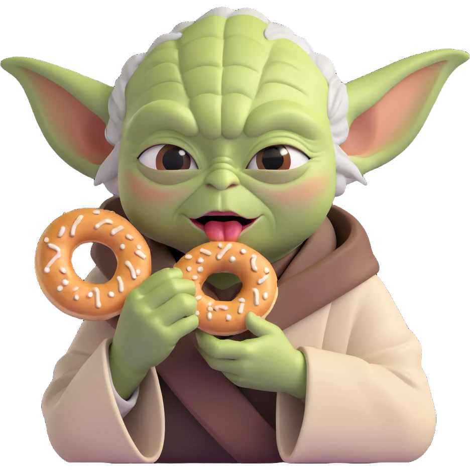 Yoda biting a big simit in a fun pose, simple background emoji