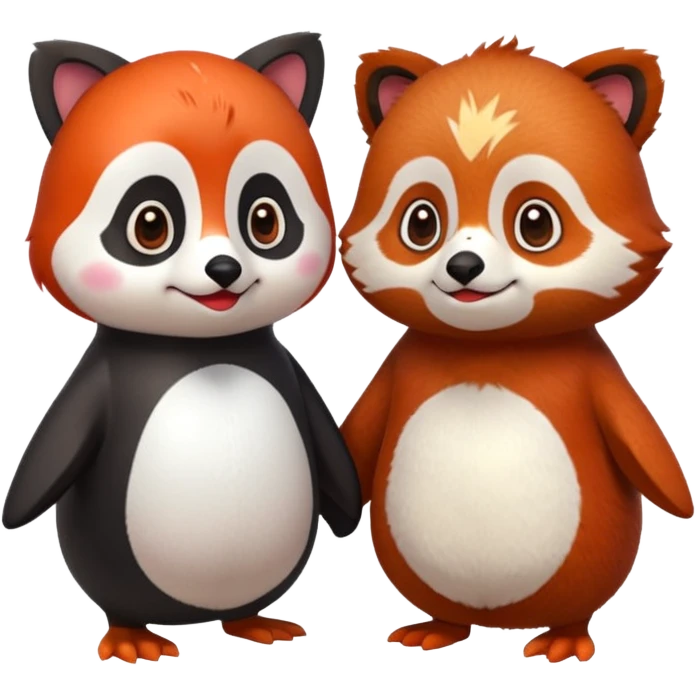 A cartoon  cute one penguin and one red panda holding "hands" emoji