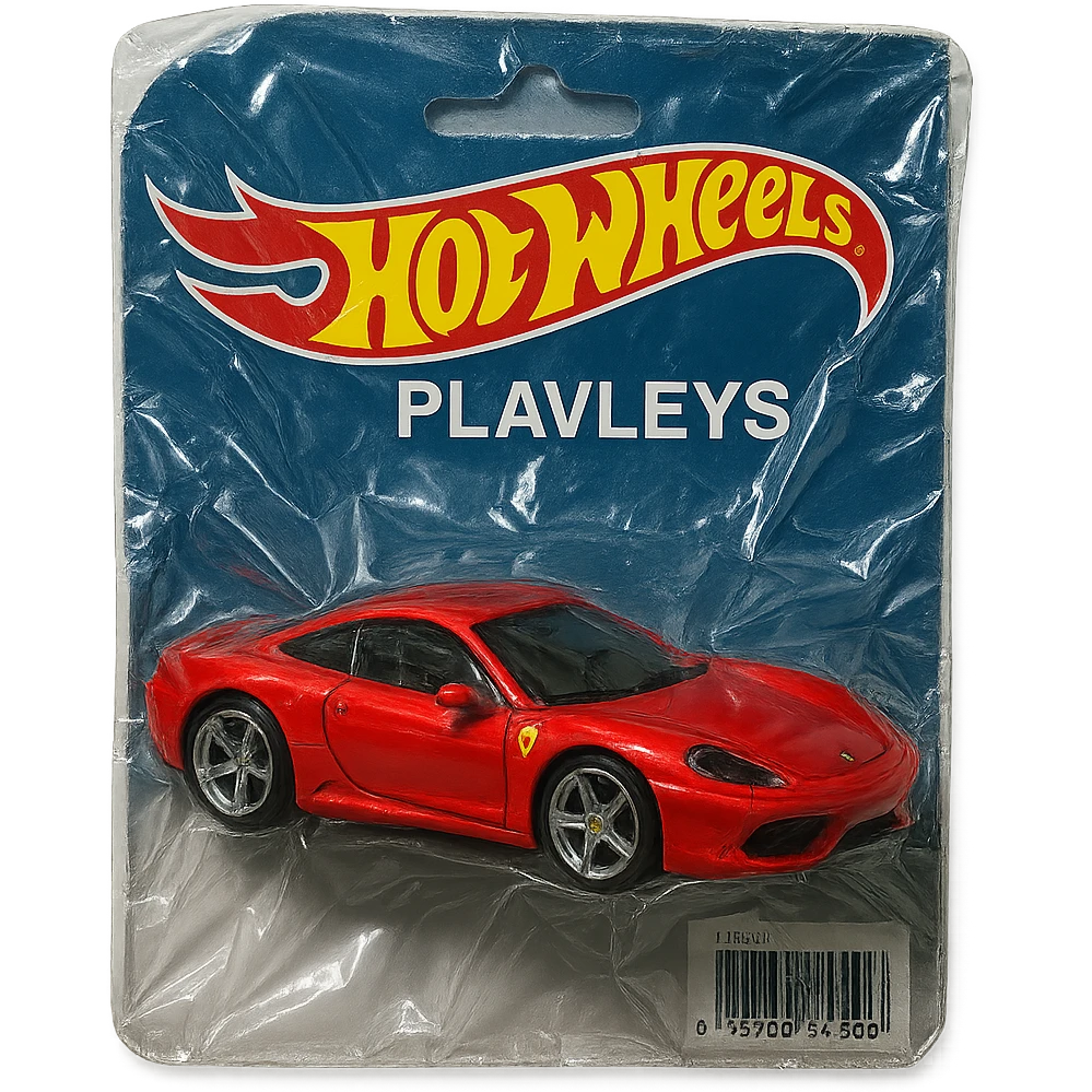 Hot Wheels packaging with a red Ferrari car labeled 'PLAVLEYS', glossy, no background emoji