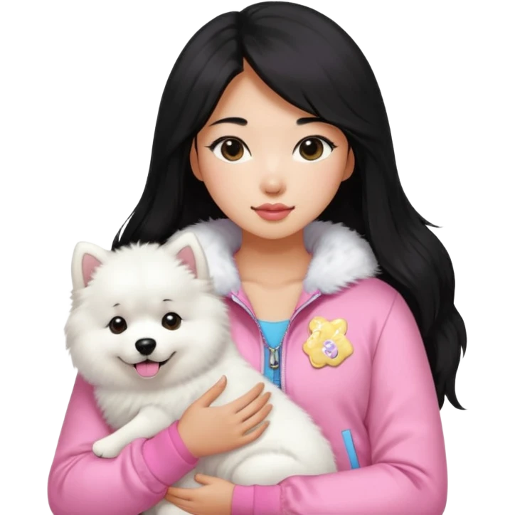A black long hair asian pretty girl with a bright skintone using a baby pink juicy couture jacket with white tanktop holding a samoyed dog emoji
