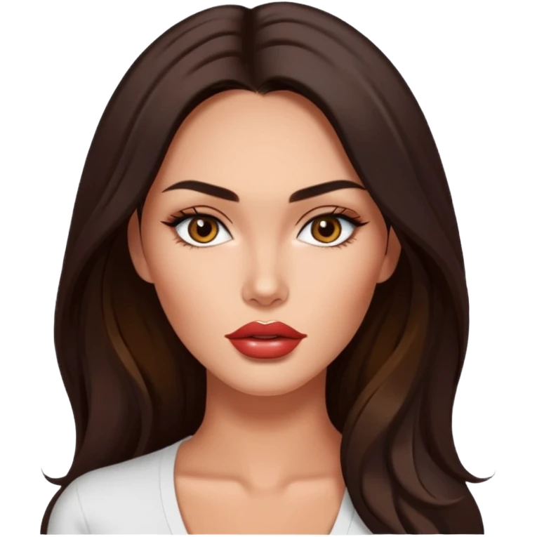 Megan Fox inspired beautiful adult woman emoji, large breasts, monolid eyes, tan skin, full lips, long hair, wearing a white top emoji