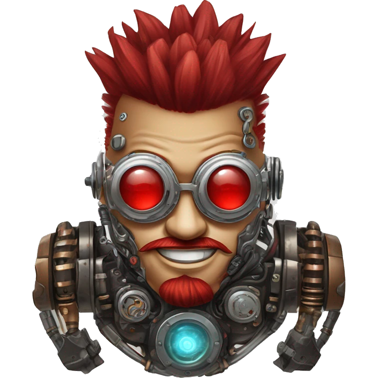 Round cyborg head with red Mohawk, red beard. silver steampunk monocle goggles a smile and circuits emoji