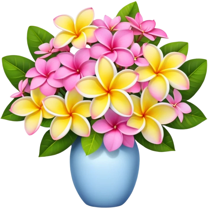 Bouquet of pink and yellow plumeria flowers and hydrangeas  emoji
