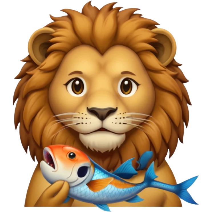  A lion eating a fish, feeling sad, portrait, bust up emoji