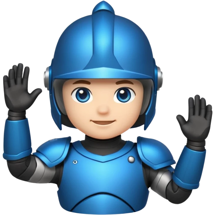 "Cute chibi-style armored hero sticker, oversized helmet, small body, glowing blue eyes, friendly waving pose, bold outlines, saturated colors, isolated on a plain white background, 2D cartoon style." emoji