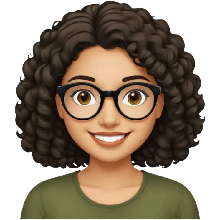 Young Latina woman with light tan skin. Round friendly face with dimples when smiling. Dark brown eyes behind black-framed glasses. Thick arched eyebrows. Shoulder-length curly voluminous hair. Big smile. Wearing an olive green top. emoji