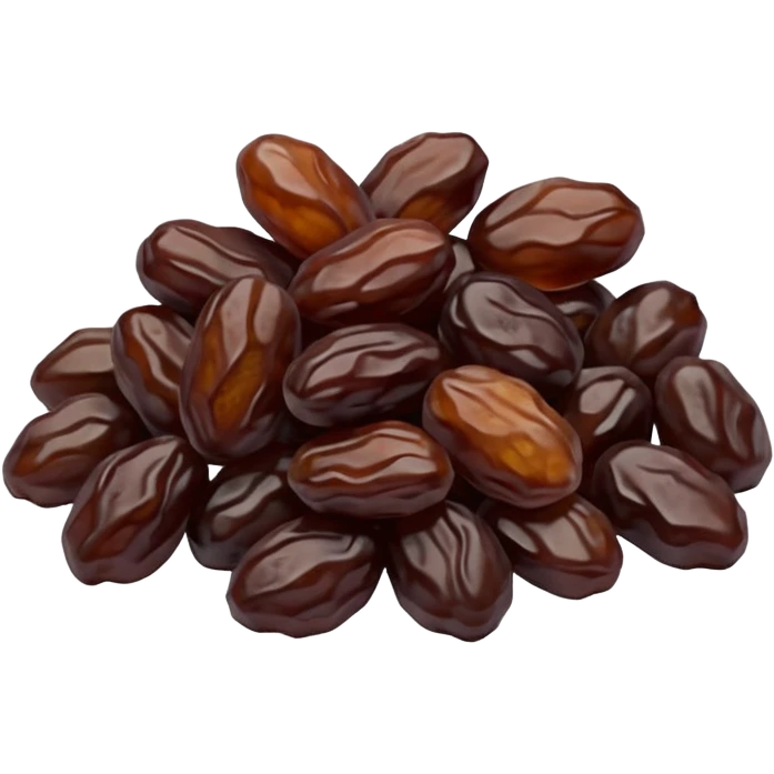 dried raisins, small cluster or handful, deep brown to purplish, wrinkled, slightly glossy, irregular shriveled shape, soft curves, subtle texture, no stems, no bowl, no garnish, soft lighting, transparent background, emoji scale emoji