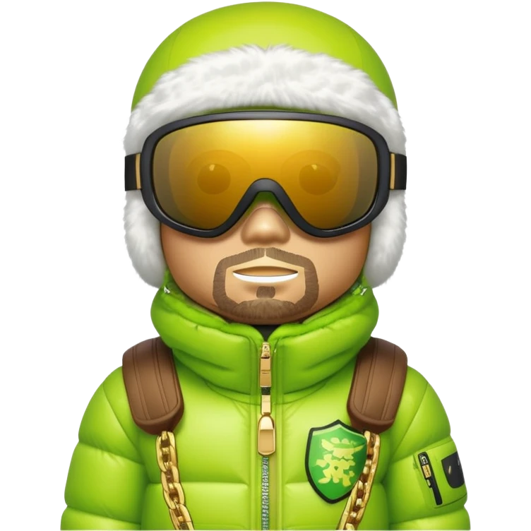 bearbrick wearing lime green balaclava with graffiti logos, futuristic shield visor sunglasses with single panoramic lens like ski goggles covering upper face, puffy fur jacket, gold chains emoji