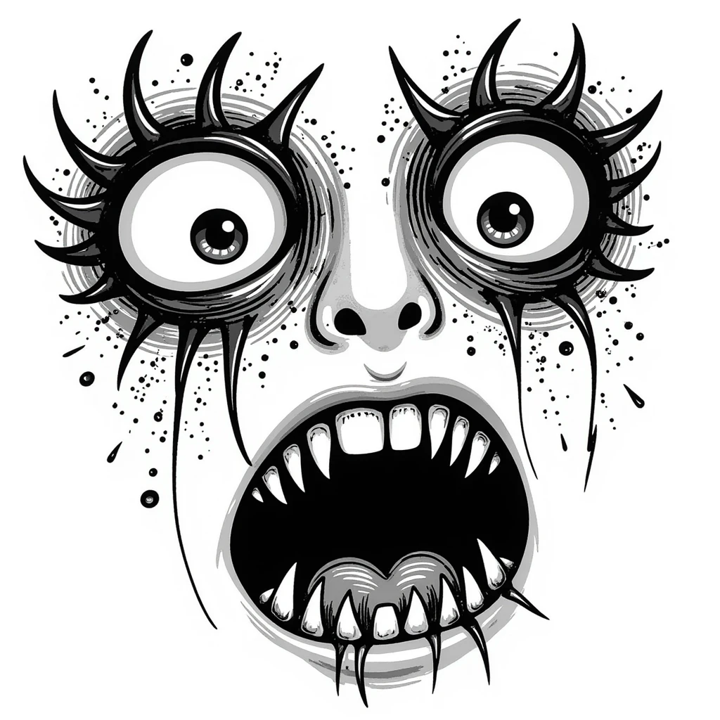 sketchy japanese horror manga style, extremely disturbing face with bulging eyes, split face revealing hundreds of tiny teeth inside, uncanny, creepy, Junji Ito inspired emoji