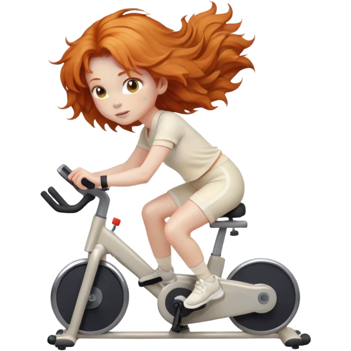 Ginger girl tousled hair riding stationary bike cream outfit emoji