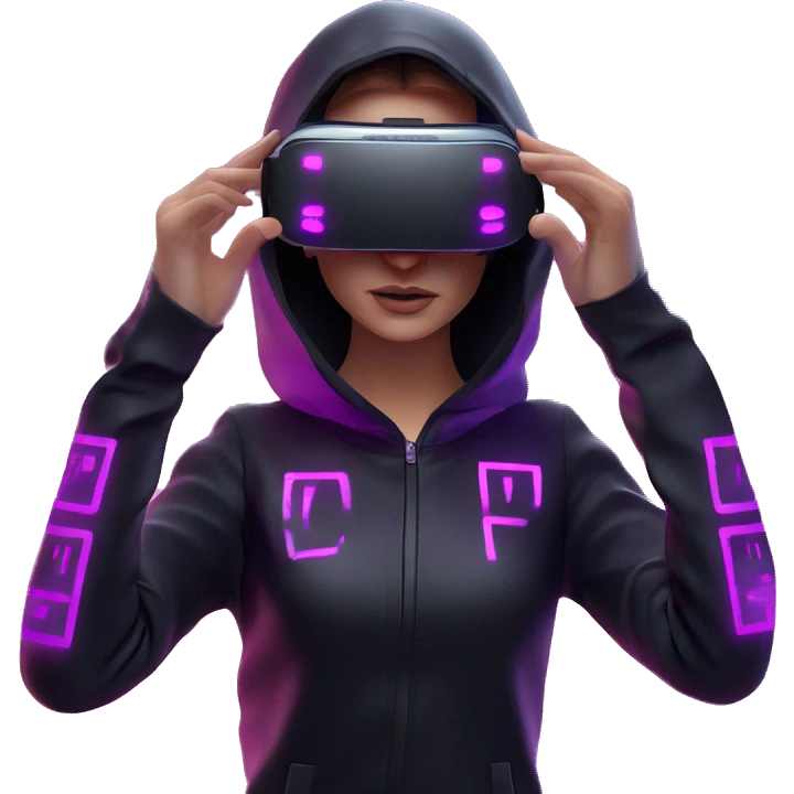 Russian girl wearing black hoody with violet letters "OMG", in vr headset oculus quest2. Standing like jedi. Cyberpunk style. Violet neon. emoji