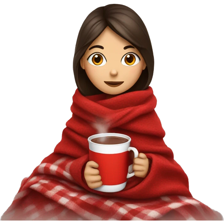 brunette girl drinking hot chocolate while wrapped in a warm-christmas-red blanket  emoji