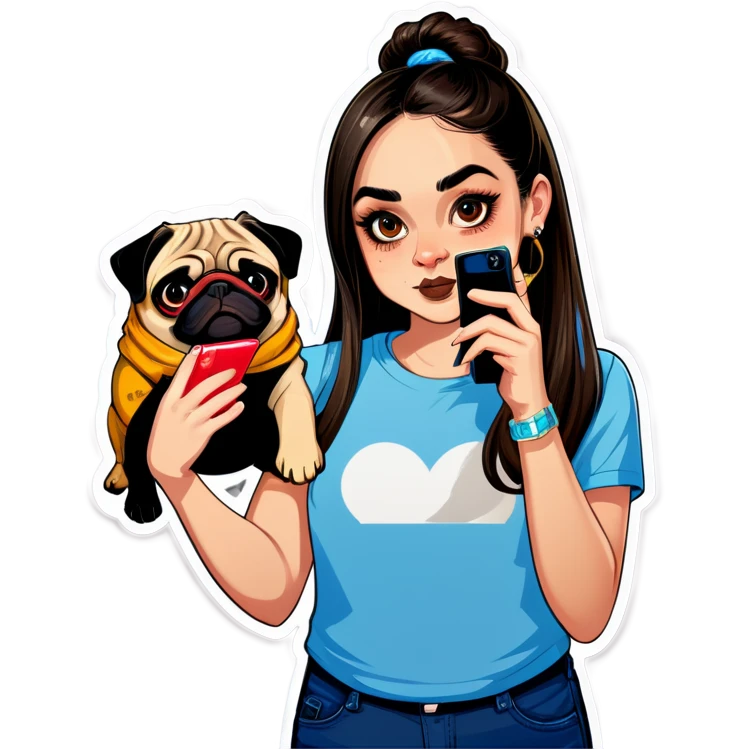 Beautiful young girl with choppy long dark brown hair flows over her her septum piercing is gold and shines as she holds her black phone and her large pug with an underbite layed beside her emoji