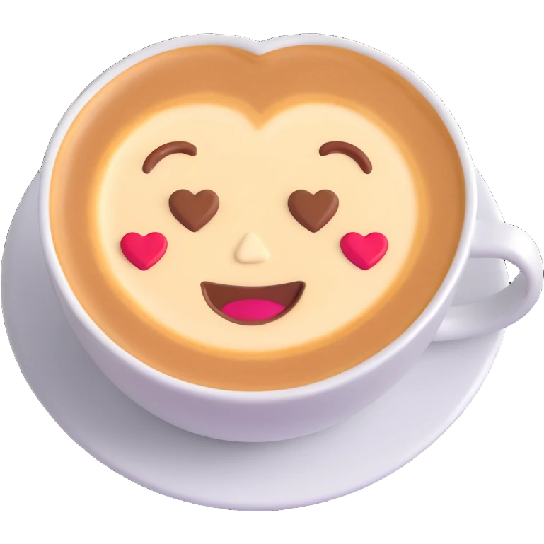 3D emoji style espresso cup with heart-shaped latte art, cheerful expression emoji